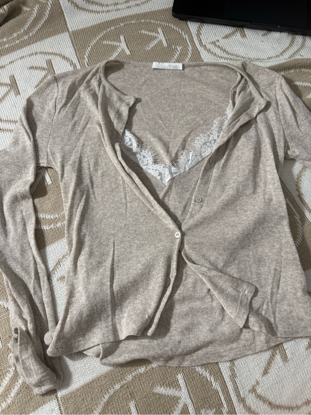 Zara Soft Lace-Trim Button Cardigan Sweater - Beige